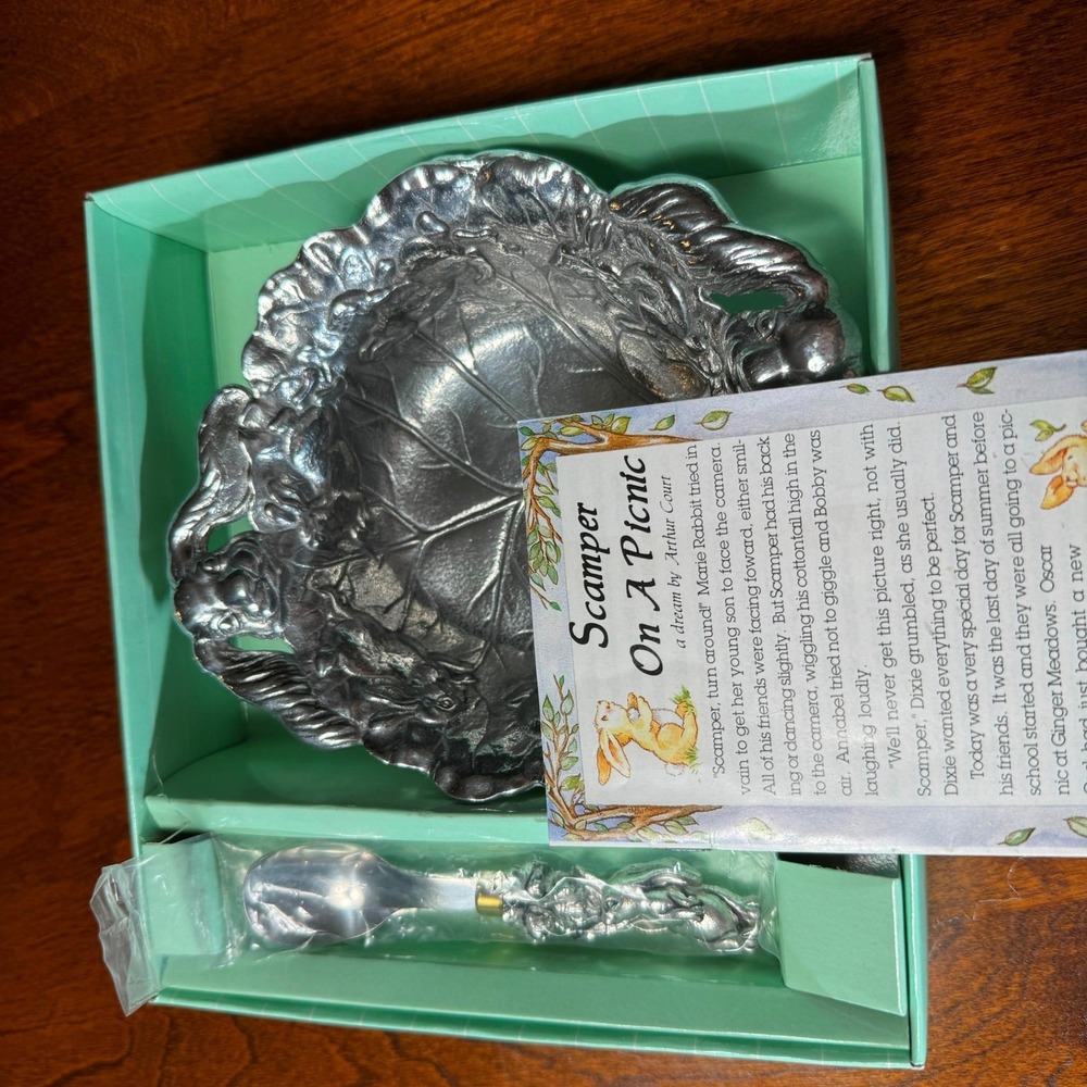 Arthur Court Bunny Rabbit Baby Bowl and Spoon Set 1996 Scamper on a Picnic